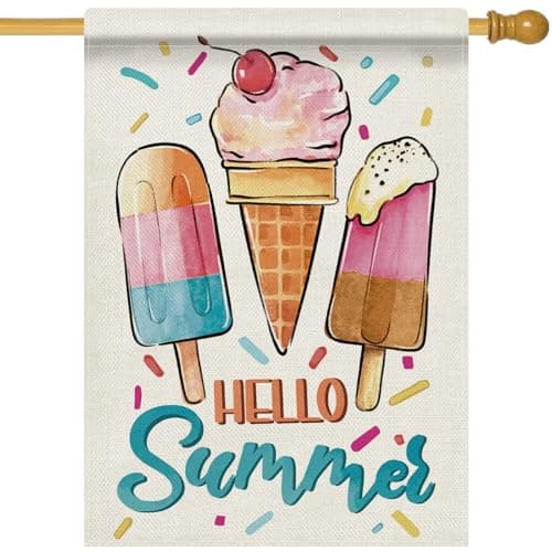 Dyrenson Hello Summer Ice Cream 28 x 40 House Flag Double Sided, Watercolor Popsicle Sprinkles Garden Yard Decoration, Seasonal Burlap Outdoor Decor Decorative Large Flag