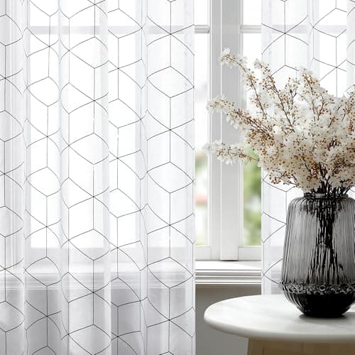 Deconovo White Sheer Curtains 84 Inches Long, Voile Filtering Curtain Drapes for Sliding Glass Door, Black Foiled Print Panels for Bedroom Living Room, 52x95 Inch, Set of 2
