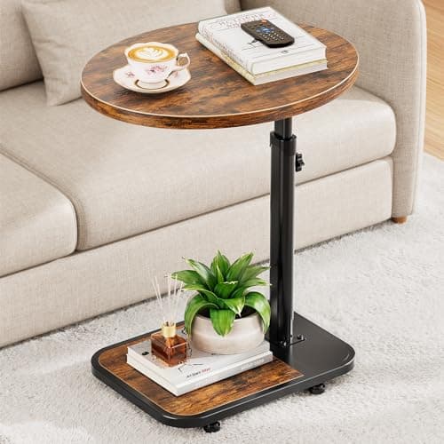 NEHAJUNXI TV Tray Table with Infinite Adjustable Height - C-Shaped Sofa End Side Table for Snack Laptop Desk Small Spaces (Brown)
