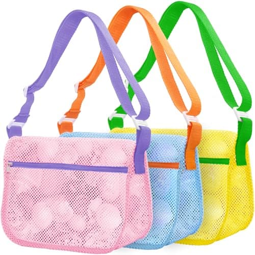 Mesh Beach Bags for Sand Toys - 3 Pack Seashell Collecting Bags with Adjustable Straps, Kids Beach Toy Organizer & Shell Pouch for Boys Girls, Summer Beach Essentials