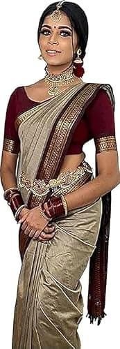 AKLEENA Women's Kanjivaram Soft Silk Saree With Unstitched Blouse Piece(Chiku Maroon Combination)