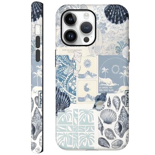 Kaislandy Cases for iPhone 12 Pro Max, Blue Sea Shell Coast Collage Aesthetic Phone Cover, Scratch Resistant Hybrid 2-Layer Hard Shell Phone Case