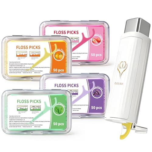 200ct Flavored Floss Picks with Portable Dental Floss Case - Dental Floss Picks for Teeth with Fun Fruit Flavors - Strawberry, Grape, Grapefruit, Mint - Shred-Resistant Teeth Cleaning Picks for Travel