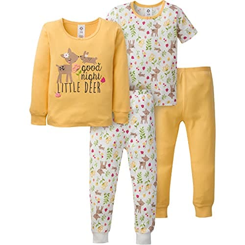 Gerber Baby Girls Toddler Snug Fit 4-piece Pajama Set, Yellow Deer, 3T US