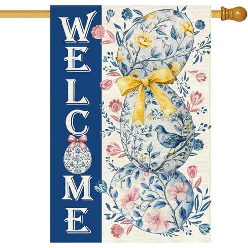 Baccessor Easter Eggs House Flag 28x40 Inch Double Sided Burlap,Blue Floral Easter Eggs Spring Welcome Large Garden Flag Porch Patio Yard Outdoor Holiday Decoration