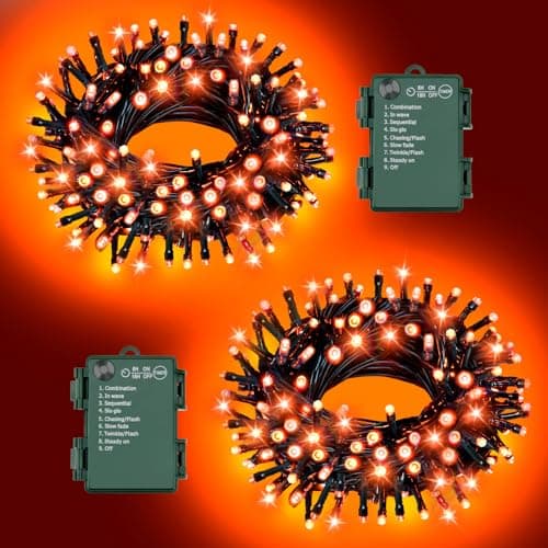 FFZZKJ Orange Lights for Halloween Lights String Outdoor Total 100LED 33Ft 8 Modes with Timer Waterproof Battery Operated 16.4Ft*2, 50LED*2 Indoor for Halloween Decor, Orange, 2-Pack