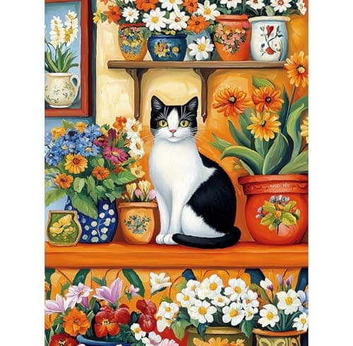 QENSPE Cat Diamond Art Kits for Adults, DIY Full Drill Diamond Painting Art Kit for Beginners, 5D Round Diamond Dots Paintings Flowers, Gem Art Crafts Home Wall Decor Gifts 12x16 inch