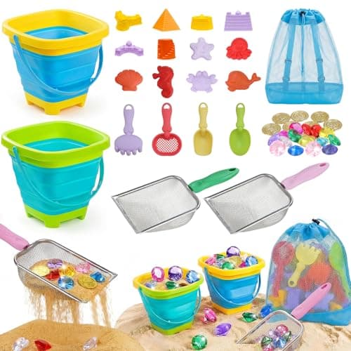 Eicaus 46 PCS Beach Sand Toys for Kids Toddlers, Collapsible Sand Buckets & Mesh Bag Set with Heavy Duty Metal Sifters, Treasure Hunt Gems, Castle Molds, Travel Sandbox Toys for Boys Girls