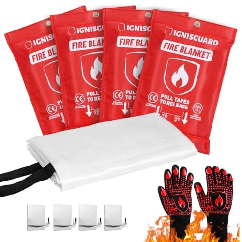 IGNISGUARD Fire Blankets 4 Pack, 40x40in with 1 Pair Fire Resistant Gloves & 4 Hooks, Fiberglass Fire Blankets Emergency for Home and Kitchen, Suppressant for Grease & Electrical Fires, RV, Camping