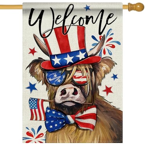 Covido Welcome 4th of July Highland Cow Patriotic Decorative House Flag, America USA Farm Animal Garden Yard Outside Decoration, American Farmhouse Burlap Outdoor Large Home Decor Double Sided 28 x 40