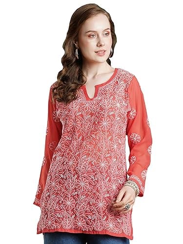 Ada Indian Hand Embroidered Chikankari Women's Rust Georgette Top Tunic Shirt Kurti A911232 (3X-Large)