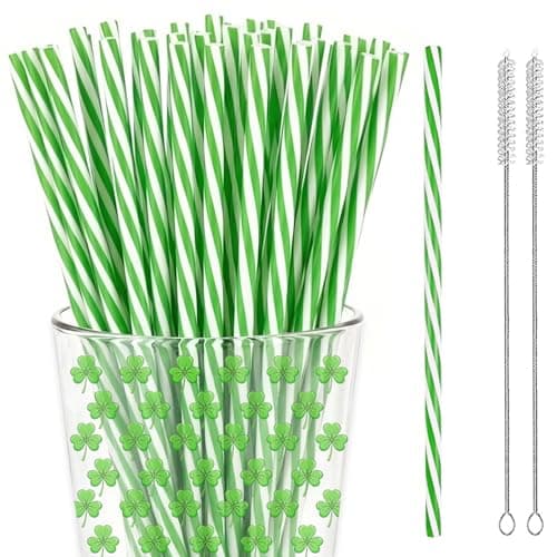 50 Reusable Xmas Green and White Striped Straws for Christmas,St.Patrick Day Party Supplies Decoration - 9 Inch Thick Plastic Drinking Straws for Green Spring Summer Birthday Party Favors Decor