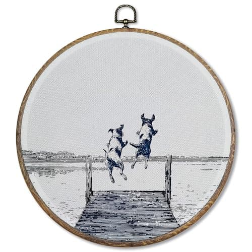 FUGWN Coastal Happy Dog Jumps Lake Round Wall Art Decor Framed, Funny Lake House Canvas Artwork Prints, Funny Dog Gifts Wall Hanging Decorations for Home Bedroom Lakehouse, 10x10 Inch