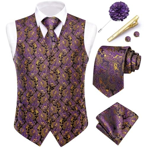 Dubulle Purple Gold Vest and Tie Set Mens Paisley Floral Waistcoat Neckties for Men Lapel Pin Clip Set Wedding Business