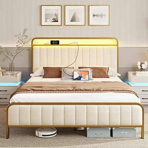 Rolanstar Full Size Bed Frame ...se Free, Easy Assembly, Golden