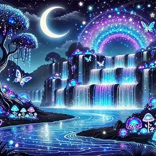 CSZPPQAF 5D Diamond Painting Kit for Adults, Full Drill Diamond Art for Beginners Waterfall Moon, Round Gem Art, Fantasy Rainbow Landscape DIY Gem Craft for Relaxation Home Wall Decor, 12x16 inch