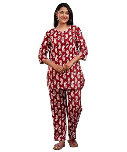 SAYANG Women’s Cotton Printed Nightsuit Set | Soft & Breathable Night Wear | Comfortable Sleepwear Kurta & Pajama Set-XL Maroon