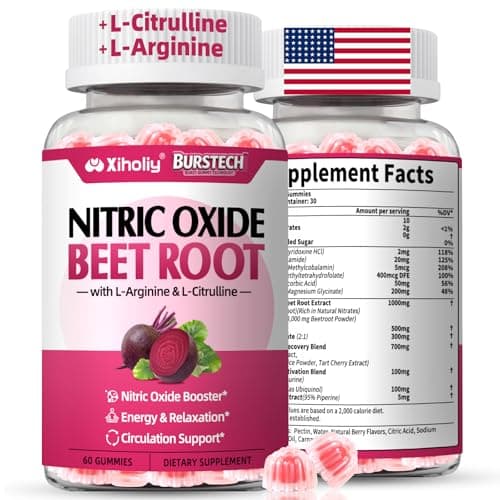 Beet Root Gummies - Nitric Oxide Booster Supplement with Beetroot, L-Citrulline & L-Arginine, for Heart, Muscle, Circulation, Pre-Workout for Men Women, Mixed Berry Flavor, Sugar-Free Vegan, 60 Count