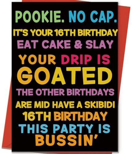 ICOOLYI Funny 16th Birthday Card for 16 Year Old Boys & Girls, Son, Daughter, Nephew or Niece ｜ Sweet 16 Birthday Gifts & Party Decorations with Gen Z Slang Humor