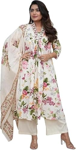 ZYLAURA Indian Casual Dress for Women Salwar Kameez Suit - Pure Cotton Ethnic Anarkali Kurta Set, Festive Traditional Wear 3/4 Sleeve Cream-Color X-Large-Size