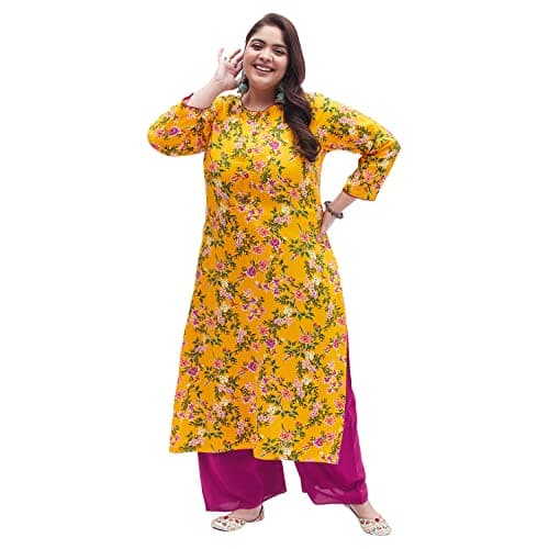 Tissu Women's Plus Size Yellow & Pink Printed Kurta with Palazzo (T-Plus-642_Yellow_4XL)