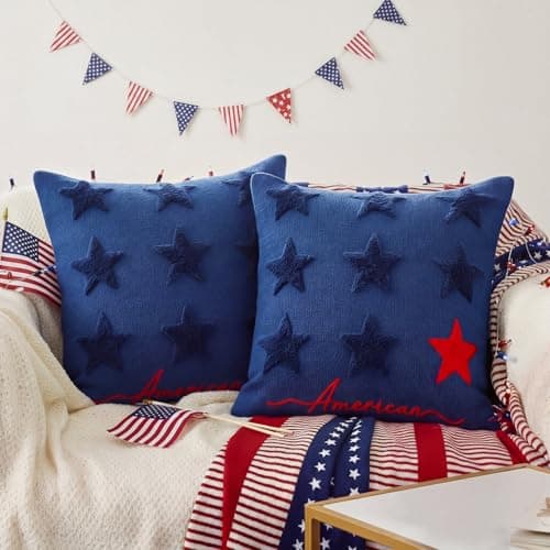 Fanfanwin 2 Pack 4th of July Pillow Covers 18x18 Patriotic Embroidered Jacquard Stars Throw Pillow Cases Red White Blue 250th Independence Day Anniversary Decor for Sofa Couch Bedroom Patio