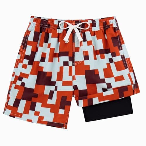 swimsobo Boys Swim Trunks Size 14-16 Teen Kids Swimming Shorts with Compression Liner Orange Pixel Art Swimsuit Bathing Suit Swimsuit