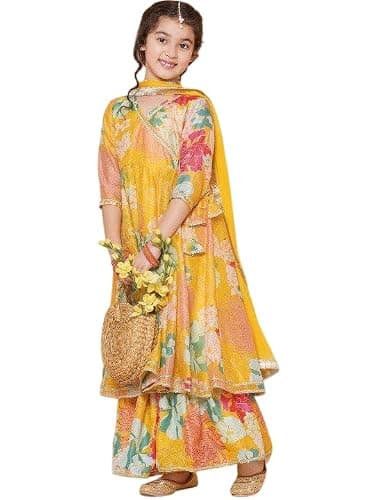 QLUVA Girls Party Wear Rayon Fabric Floral Printed 3/4 Sleeves Anarkali Kurta Sharara with Dupatta. (C, 14 years)