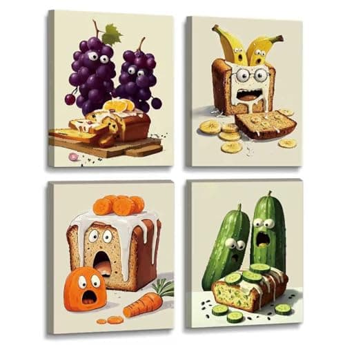 QPOKLAF Funny Kitchen Wall Art Canvas Prints Food Wall Decor,Bread Toast Framed Posters Dining Room Aesthetics Set of 4 (8"x10")