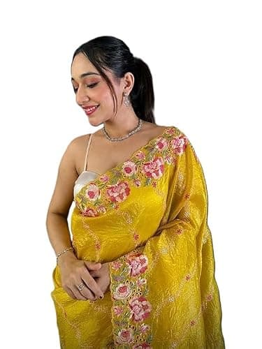 Women's Silk Embroidery Work Saree Silk Saree With Unstitched Blouse Piece women Partywear/Wedding/Function/Indian Gift Item Pack Of 1 (Yellow)