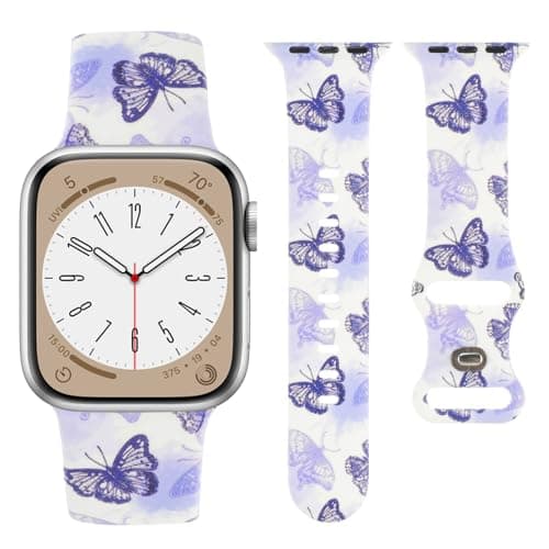 Cute Floral Printed Strap for Apple Watch Bands 38mm 40mm 41mm 42mm 44mm 45mm 46mm 49mm Women, Soft Silicone Leopard Bow Pattern Design Wristbands for iWatch Series 11,10，9, 8,7,6,5,4,3,2,1,SE (Purple Butterfly, 42(Series 11/10)/41/40/38mm)