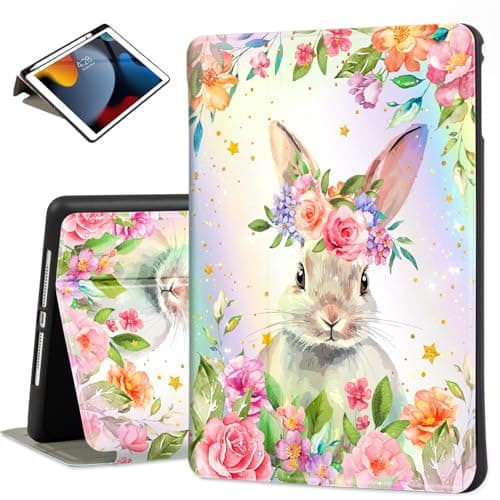 Lokigo Case for iPad 6th/5th Generation (2018/2017) 9.7 Inch, iPad Air 2/Air 1 Gen, Build with Pencil Holder, Protective iPad 9.7 Inch Soft TPU Back Cover Multi Viewing Angles Stand, Rabbit Floral