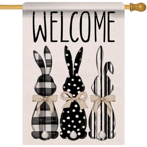 Artofy Welcome Easter Peeps Bunny Large Decorative House Flag, Black White Rabbit Polka Dot Yard Garden Outside Decor, Spring Plaid Stripes Burlap Outdoor Home Decoration Double Sided 28 x 40
