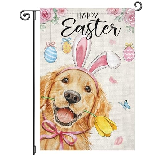 Louise Maelys Happy Easter Egg Garden Flag Bunny Golden Retriever Floral Butterfly Double Sided 12x18 Inch Seasonal Welcome Small Burlap Holiday Yard Sign Outdoor Outside Home Decor