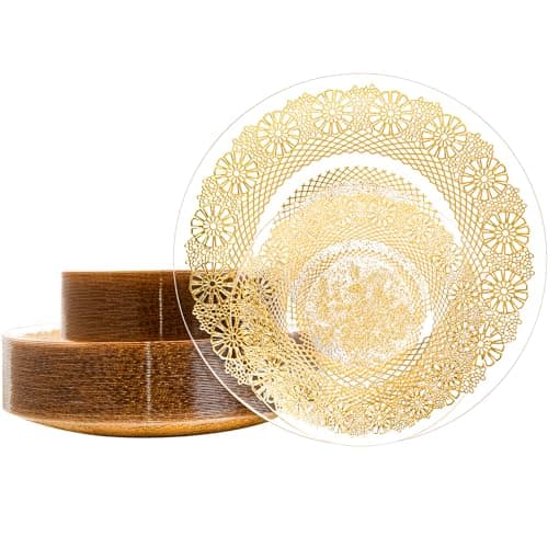 LCCFHTI 32 Pcs Clear Gold Plastic Plates, Elegant Disposable Dessert Plates Combo Pack 7 inch Dessert Plate and 10 inch Dinner Plate, Fancy Gold Dinnerware Set for Party, Wedding