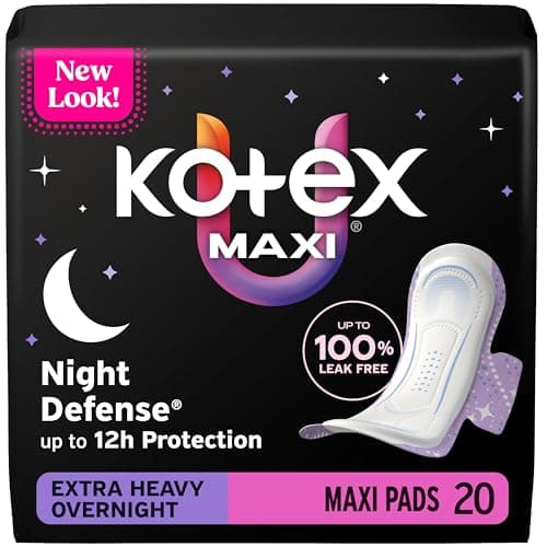 Kotex Overnight Maxi Pads with Wings, Extra Heavy Absorbency, 20 Count (Packaging May Vary)