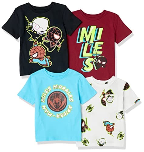 Amazon Essentials Disney | Marvel | Star Wars Toddler Boys' Short-Sleeve T-Shirts, Pack of 4, Marvel Miles Morales, 4T