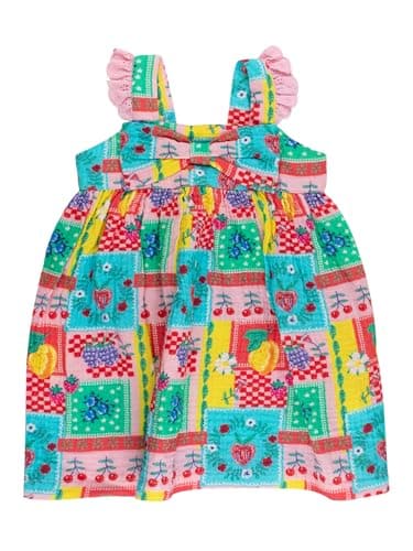 RuffleButts Baby/Toddler Girls Cotton Gauze Flutter Bow Woven Dress - Picnic Party, 6-12m