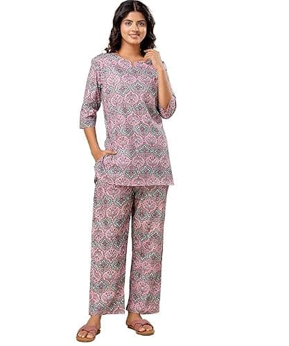 SAYANG Women’s Cotton Printed Nightsuit Set | Soft & Breathable Night Wear | Comfortable Sleepwear Kurta & Pajama Set-L