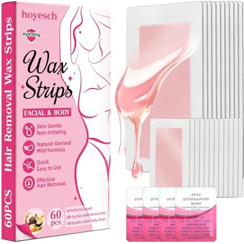 hoyesch 60 PCS Wax Strips - 40 Facial & 20 Body Waxing Kit for Women’ s Hair Removal,Wax Strips for Face,Eyebrow,Body, Arms, Legs, Chest, Back, Bikini/Brazilian Waxing Strips & 4Calming Oil Wipes
