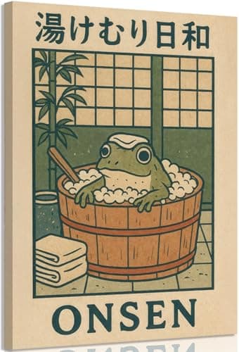 KLXCAJAM Vintage Frog Bathroom Canvas Wall Art Japanese Style Frog Wall Decor Print Artwork Bathtub Cute Animals Painting Picture for bathroom apartment home decoration 12x16in