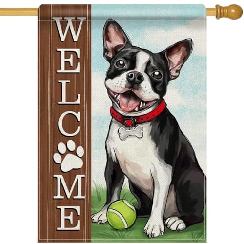 Dyrenson Welcome Boston Terrier Dog 28 x 40 House Flag Double Sided, Spring Summer Paw Prints Tennis Garden Yard Decoration Pet Owner Lover Gift, Farmhouse Burlap Outdoor Decor Decorative Large Flag