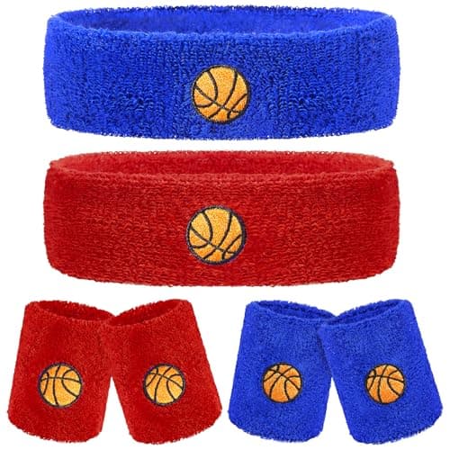 Daifunli 6 Pcs Basketball Sweatband Set Sports Headband Wristband Set 4 Moisture Wicking Athletic Wristband and 2 Headbands Wrist Sweatband Terry Cloth Sweat Absorbing Head Band for Workout(Red, Blue)