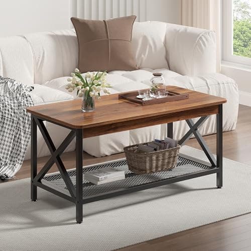 VECELO Coffee Table with 2-Tie...e,Easy Assembly, 39 inch Brown