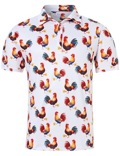 Fanient Men's Rooster Golf Graphic Polo Shirt -Quick Dry Performance Short Sleeve Novelty Western Golf Shirt for Golf Course, Country Club Party Size L