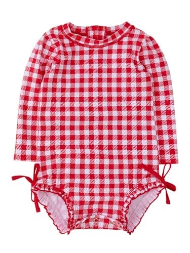RuffleButts Baby Girls UPF 50+ Sun Protection Gingham Printed Long Sleeve One Piece Rash Guard Swimsuit with Zipper - Vintage Red Gingham, 12-18m