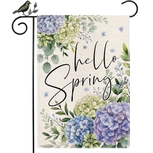 GEEORY Hello Spring Hydrangea Eucalyptus Garden Flag 12x18 Inch, Double Sided Spring Summer Decor, Farmhouse Rustic Outdoor Floral Flag Outside Yard Lawn Decoration