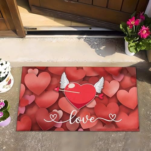 Yovirinto Red Love Heart Decorative Valentine's Day Doormat 30"x17", Low Profile Non Slip Durable Floor Mat for Home Entrance, Outside Entry, Yard, Floor, Patio
