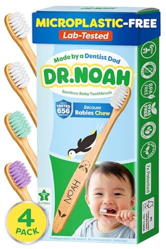 Dr. Noah Microplastic-Free Bamboo Baby Toothbrush | Dentist Designed | 656 Substances Safety Tested | BPA, PFAS & Phthalate Free | 4 Pack |Soft Bristles | Infant to Toddler, 6-12 Months, Age 2-4 Kids