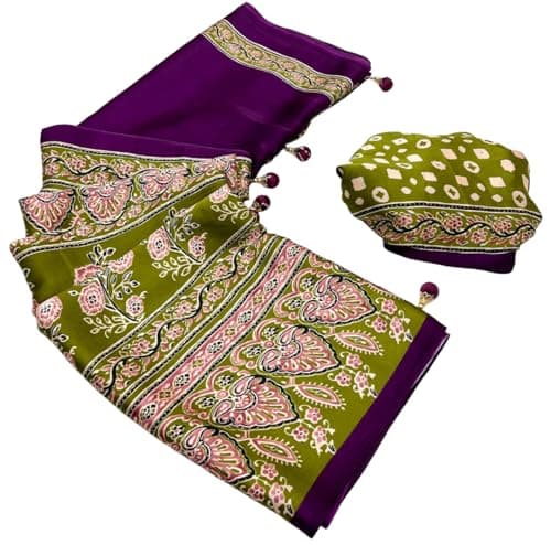 DC ELEMENTS Designer Printed Ajrakh Satin Crepe Saree with Blouse Piece Soft Lightweight Sari Women Traditional Indian Wear (F)